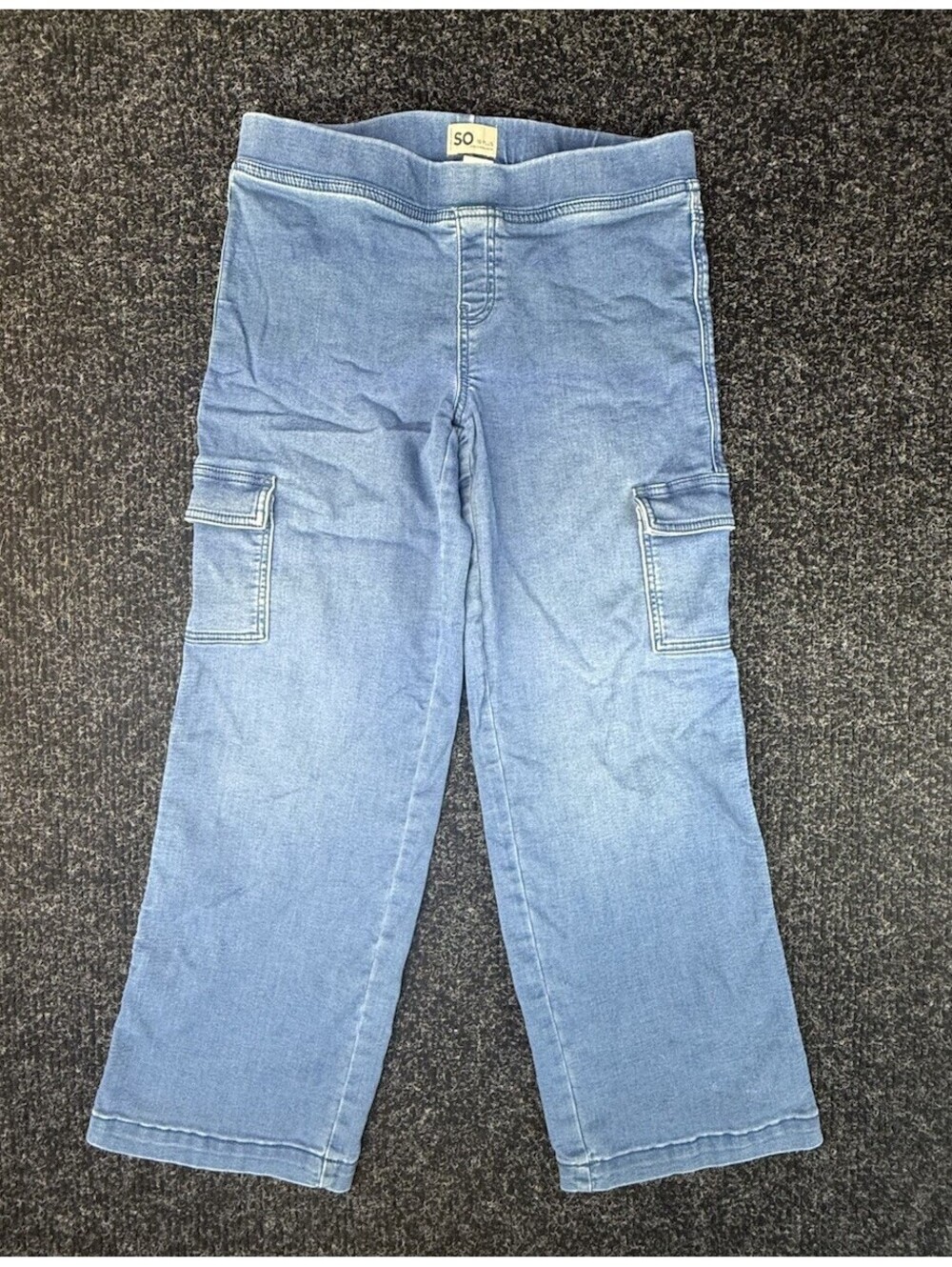SO Women’s Plus Size 16 Blue Pull-On Denim Cargo Pants Wide Leg Stretch